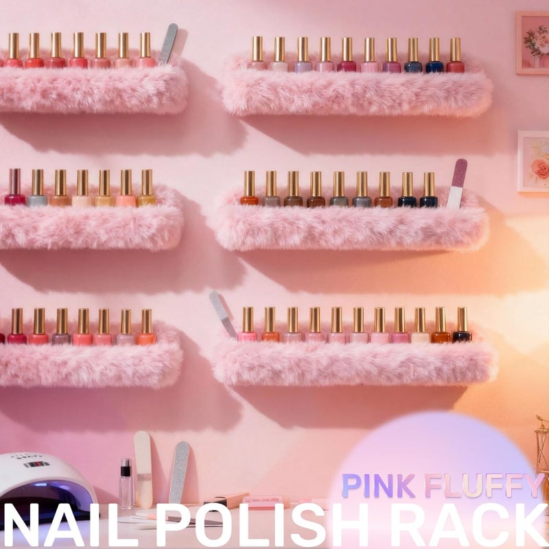 YMVV Nail Polish Wall Shelf - 15-Inch Furry Plush Display & Organizer Rack, Holds 60+ Polishes, Soft Ledge for Bedroom, Bathroom, Salon - Protects Bottles from Scratches，6 Pack Pink - Image 4